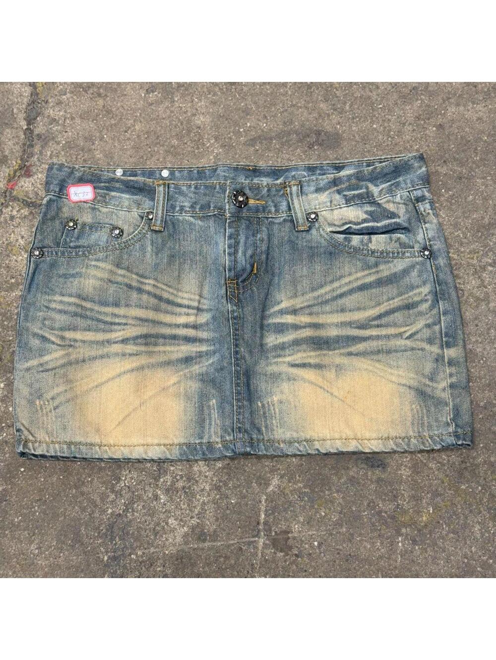 Vintage Y2K Denim Micro Mini Skirt Low Rise Sandblasted Sequin